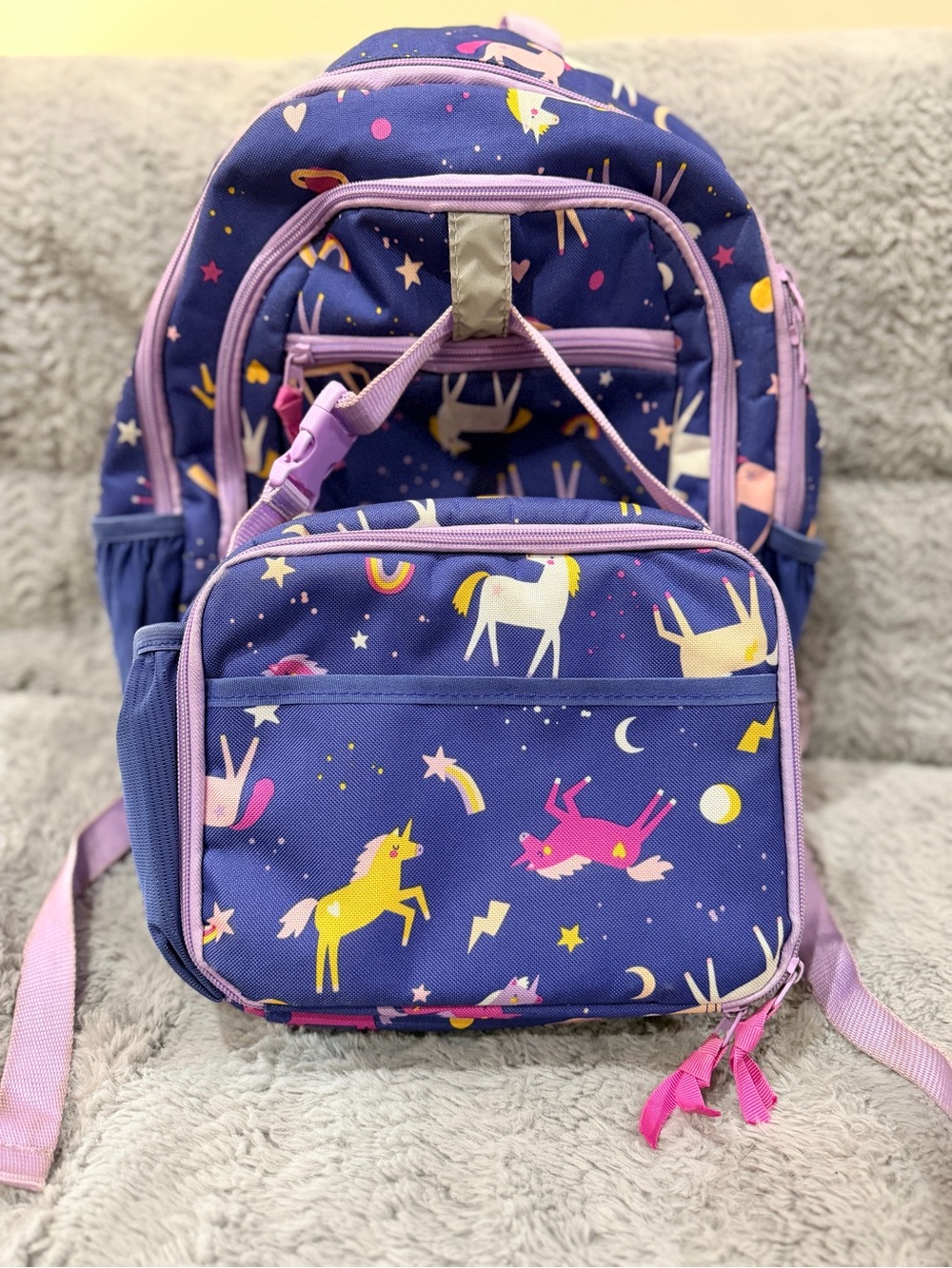 Kids Unicorn Print Purple Backpack Includes Attachable Lunchbox with Pouch